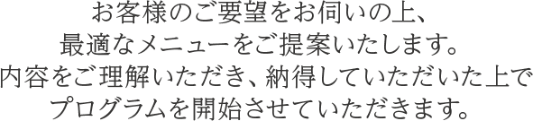 お客様のご要望をお伺いの上、最適なメニューをご提案いたします。内容をご理解いただき、納得していただいた上でプログラムを開始させていただきます。